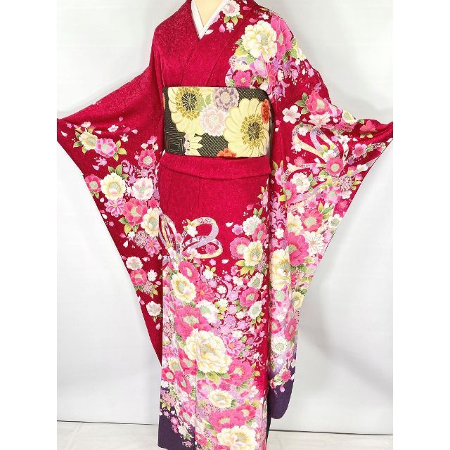京友禅 刺繍 銀通し 帯セット 振袖 トールサイズ 正絹 赤 ピンク 紫 037 9