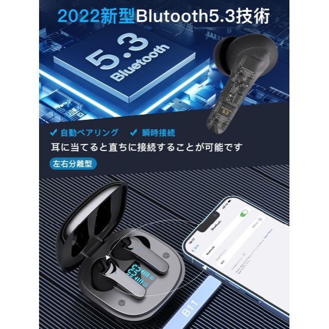 ワイヤレスイヤホン　Bluetooth5.3 YOHOTA ブラック