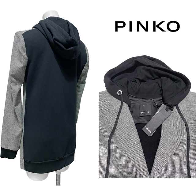 PINKO(ピンコ)の新品ピンコPINKOフード付ツイード　テーラードジャケット　黒#38 レディースのジャケット/アウター(テーラードジャケット)の商品写真