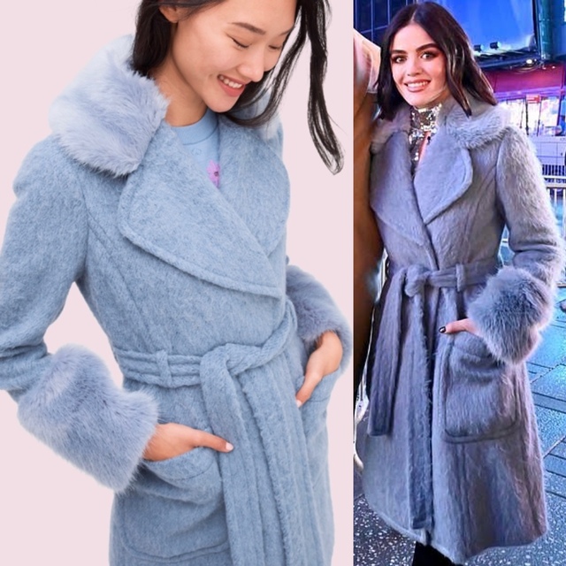 美品 kate spade シャギーウール×ファートリム コート アイスブルー
