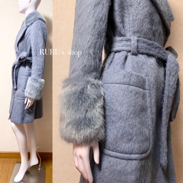 ★日本の職人技★ジャケット/アウター美品 kate spade シャギーウール×ファートリム コート アイスブルー