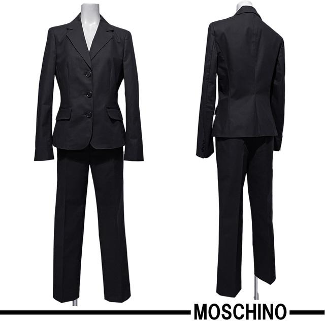 新品モスキーノMOSCHINO綺麗なシルエットのパンツスーツ黒40 割引価格
