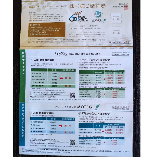 ホンダ(ホンダ)の本田技研工業（ホンダ）株主優待券 チケットの施設利用券(遊園地/テーマパーク)の商品写真