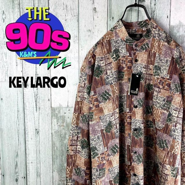 80's KEY  LARGO 日本製　ボタニカル総柄　個性派　ノーカラーシャツ