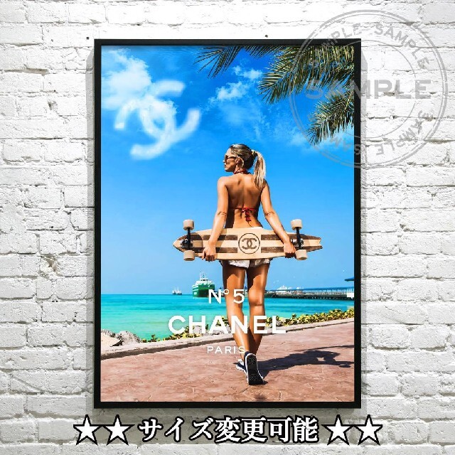年末のプロモーション特価! A4フレーム付き オリジナル アートポスター BEAR サーフアート アイアンカバー "surfing girl" ピンク色 ハワイアンファブリック