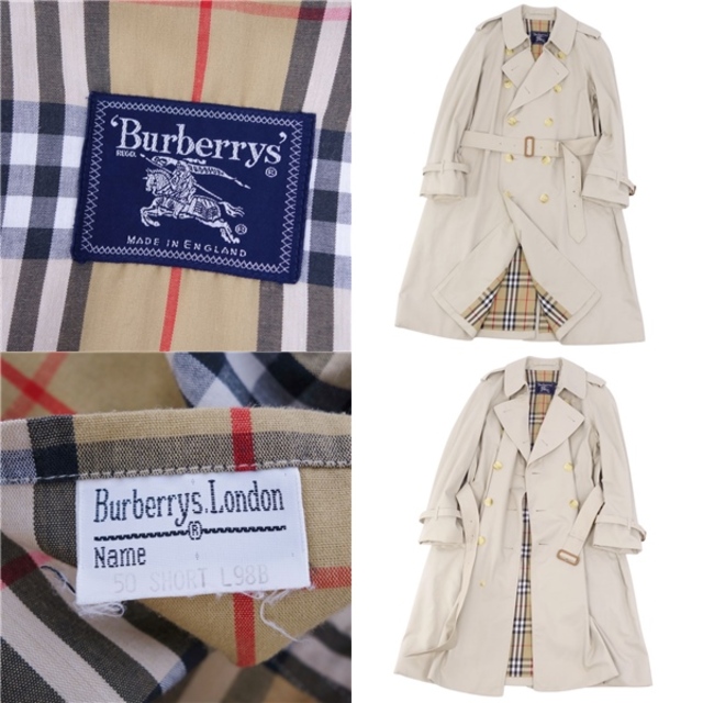 BURBERRY(バーバリー)の美品 Vintage バーバリー Burberrys コート 英国製 トレンチコート 裏チェック コットン アウター メンズ 50(M相当) ライトベージュ メンズのジャケット/アウター(トレンチコート)の商品写真