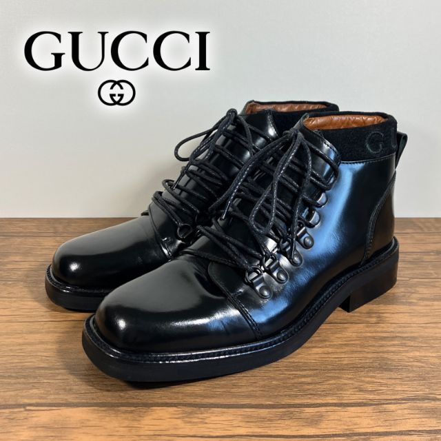 ブーツ GUCCI グッチ レースアップ レザー ショートブーツ ブラック