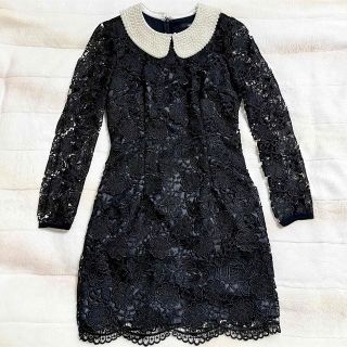 【美品】☆ブラック・リトル・ドレス☆ レースワンピース パールネック飾り(ひざ丈ワンピース)