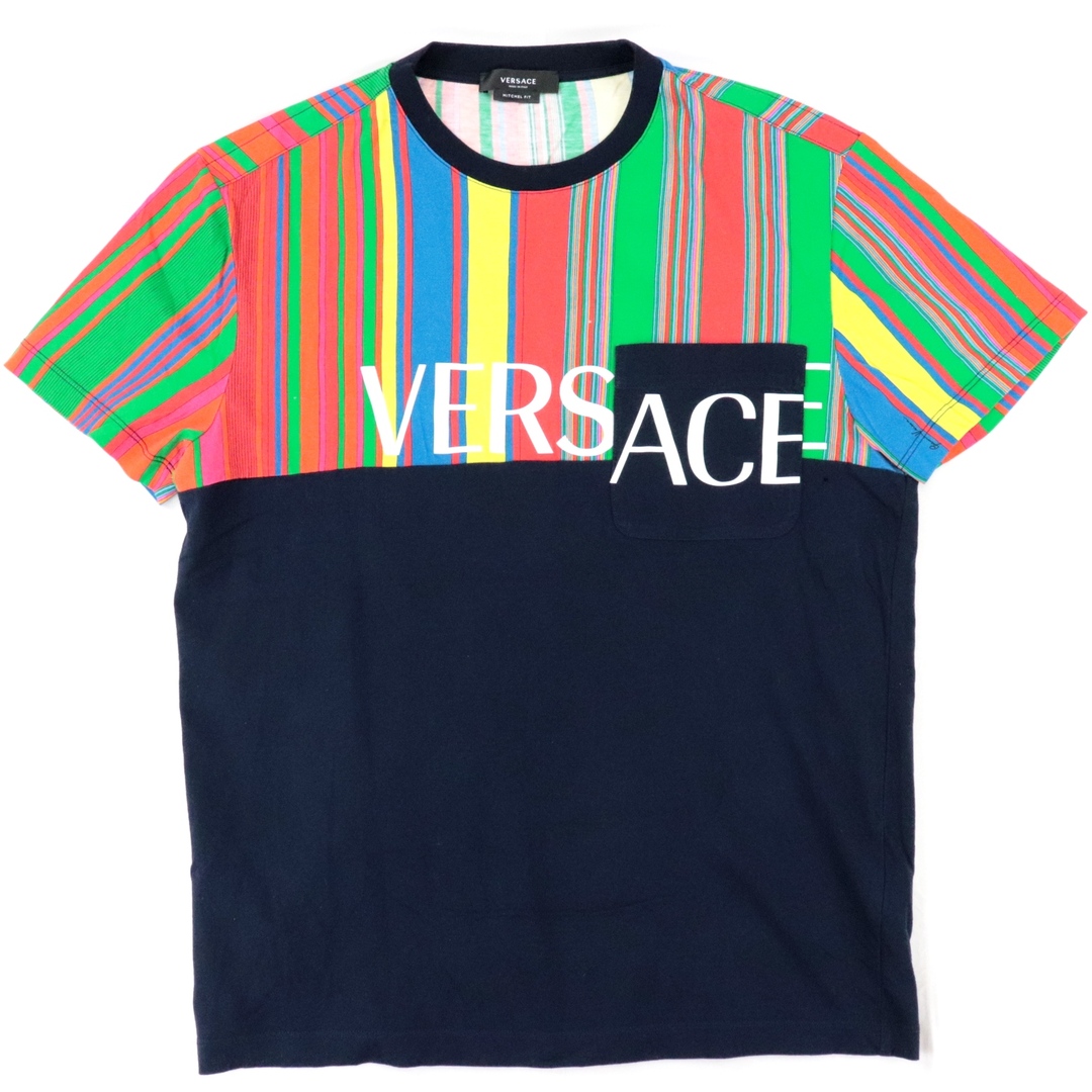 ヴェルサーチ ロゴ ストライプ切替 半袖Ｔシャツ メンズ マルチ XS VERSACE