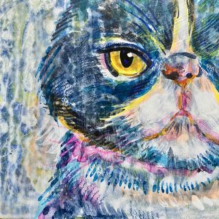 原画　猫の肖像画　木製パネル