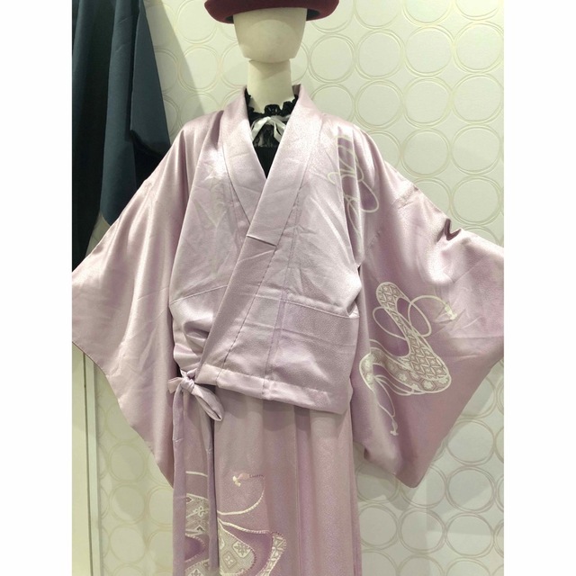 着物リメイク 正絹 訪問着 薄紫 組紐模様 ショート丈羽織 ロングスカート レディースのワンピース(ロングワンピース/マキシワンピース)の商品写真