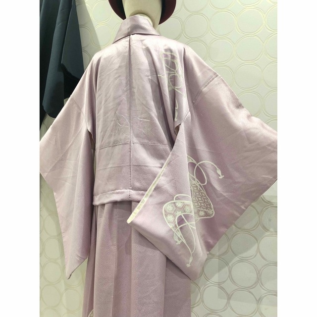 着物リメイク 正絹 訪問着 薄紫 組紐模様 ショート丈羽織 ロングスカート レディースのワンピース(ロングワンピース/マキシワンピース)の商品写真