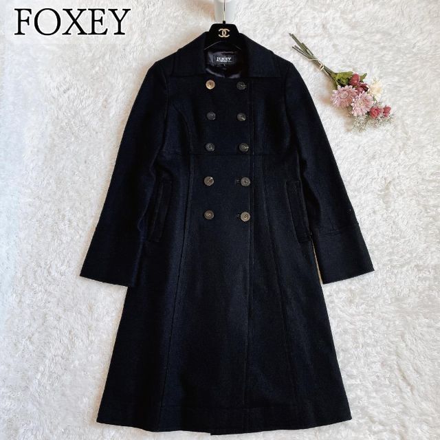 ☘️美品◇FOXEY◇カシミヤ混 フレアコート ダブルブレスト ブラック