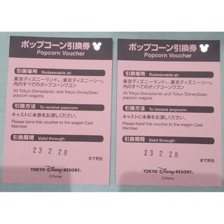 ディズニー(Disney)のディズニーリゾート   ポップコーン引換券  ２枚   期限2023/2/28(遊園地/テーマパーク)