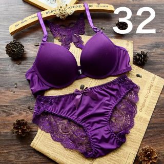 ブラジャー ショーツ セット 32 バタフライ パープル 紫(ブラ&ショーツセット)