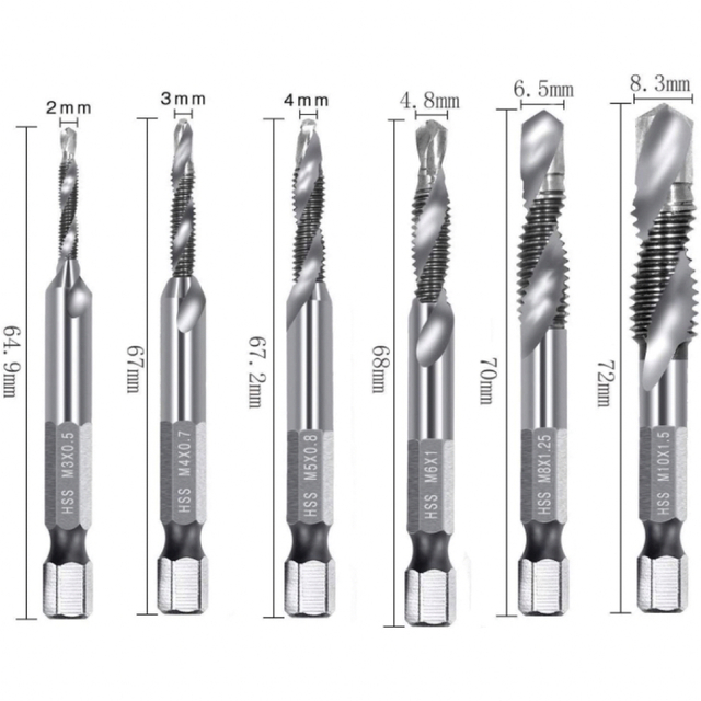 ドリルタップ 6本セット ドリルビット 穴あけ HSS高速度鋼 六角軸 銀 スポーツ/アウトドアの自転車(工具/メンテナンス)の商品写真