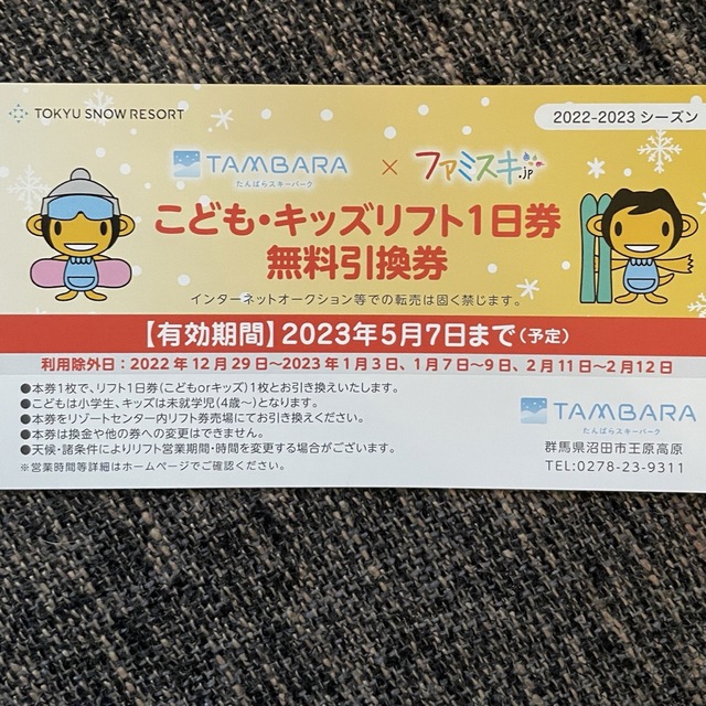 ⭐️ ファミスキ ⭐️ こどもリフト1日券 3枚 チケットの施設利用券(スキー場)の商品写真