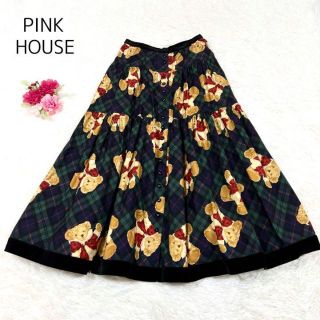 ピンクハウス(PINK HOUSE)のPINK HOUSE ロングスカートチェック テディベア ベロア フリーサイズ(ロングスカート)