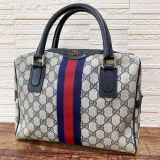 グッチ(Gucci)のグッチ GG PVC×レザー ハンド ミニボストン バッグ ネイビー シェリー(ハンドバッグ)