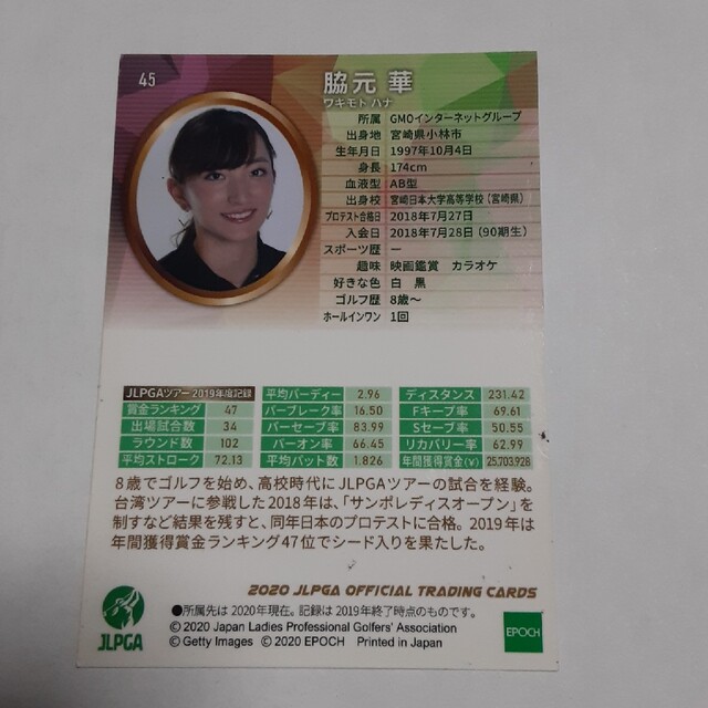 脇本華さん　2020　日本女子プロゴルフ協会のオフィシャルトレーディングカード