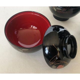 吸物椀 漆器 花に柳の絵蒔絵 黒内朱 5客 在庫整理 おせち 雑煮椀 汁椀