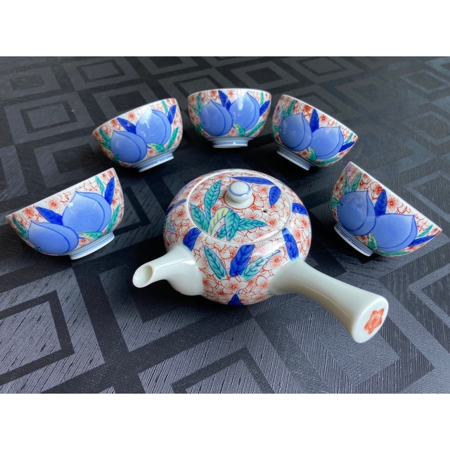 送関込 其泉 桜散桃文 桃絵 茶器揃 急須 湯呑み - 食器