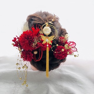 成人式髪飾り　結婚式髪飾り　パールチェーンタッセル簪　水引　金箔　卒業式　袴(ヘアアクセサリー)