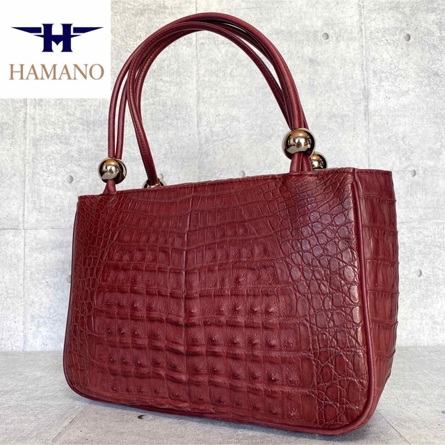 美品】HAMANO 濱野皮革工藝 マットクロコダイル ボルドー ハンドバッグ