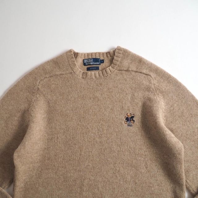 Ralph Lauren(ラルフローレン)のラルフローレン　ウール１００％　ニット　セーター　ポロベア　ベージュ　美品 メンズのトップス(ニット/セーター)の商品写真