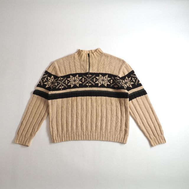 ８０％リネンラルフローレン　手編みニット　セーター　ハーフジップ　ノルディック柄　美品