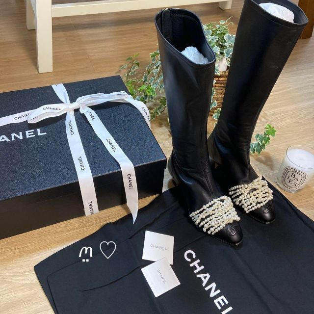 送料0円】 CHANEL ココマークパールロングブーツ 35.5 22.5cm シャネル