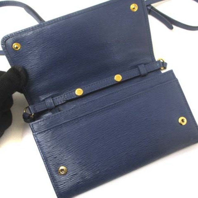 プラダ ショルダーウォレット バッグ 長財布 二つ折り レザー ゴールド金具 青