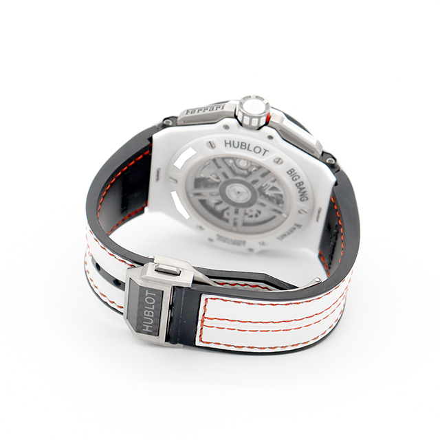 ほぼ新品 内部点検済 HUBLOT ウブロ ビッグバン フェラーリ 401.HQ.0121.VR 44mm 世界500本限定 スケルトン デイト シルバー カーボン ホワイトセラミック チタン 純正ベルト 純正尾錠 メンズ 自動巻き ビックバン【6ヶ月保証】【腕時計】【中古】