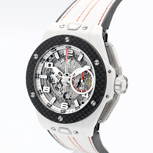 ほぼ新品 内部点検済 HUBLOT ウブロ ビッグバン フェラーリ 401.HQ.0121.VR 44mm 世界500本限定 スケルトン デイト シルバー カーボン ホワイトセラミック チタン 純正ベルト 純正尾錠 メンズ 自動巻き ビックバン【6ヶ月保証】【腕時計】【中古】
