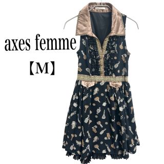 アクシーズファム(axes femme)の【極美品】axes femme 香水柄　レース　プリーツ　ワンピ　M(ひざ丈ワンピース)