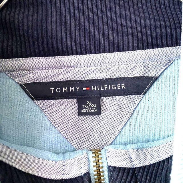 TOMMY HILFIGER(トミーヒルフィガー)のトミーヒルフィガー ロゴ 刺繍 ハーフジップ スウェット XL 水色 古着 メンズのトップス(スウェット)の商品写真