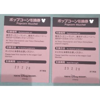 ディズニー(Disney)のディズニーリゾート  ポップコーン引換券  ２枚  有効期限2023/2/28(遊園地/テーマパーク)