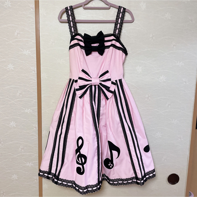 Angelic Pretty(アンジェリックプリティー)の発表会JSK ピンク×黒 カチューシャ レディースのワンピース(ひざ丈ワンピース)の商品写真