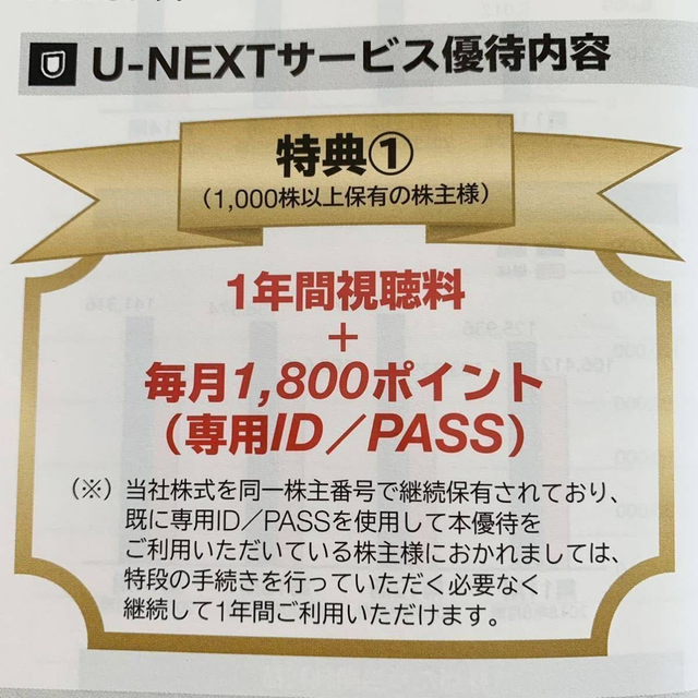 U-NEXT 株主優待 1年間視聴料無料+毎月1800ポイント チケットの優待券/割引券(その他)の商品写真