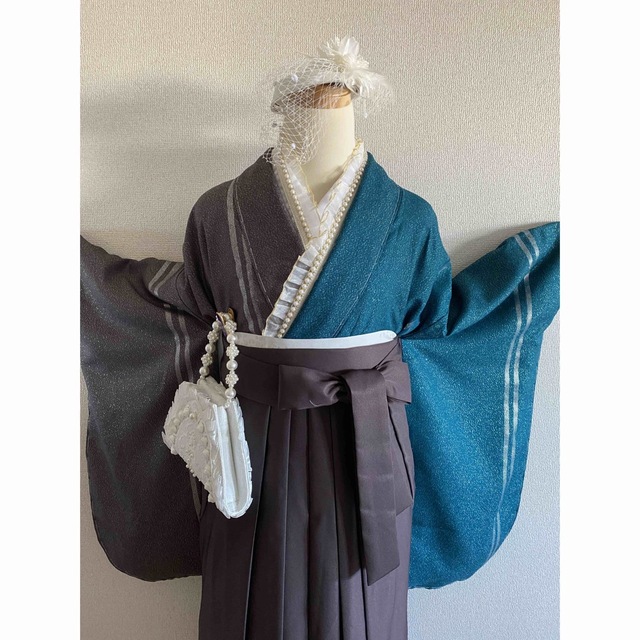 卒業式　二尺袖バイカラー着物、袴、長襦袢、重ね衿❺点セット