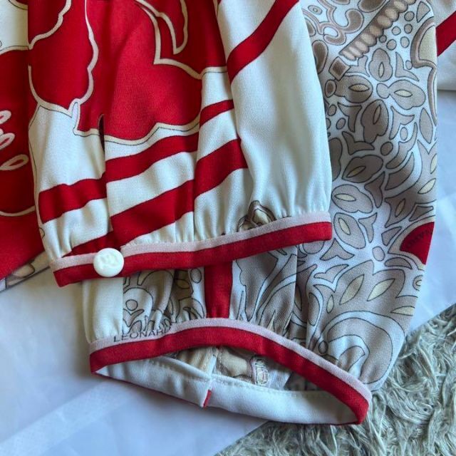 【良品】LEONARD 膝丈ワンピース カンカン素材 総柄 赤 36
