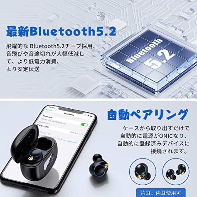 最長50時間♪ ワイヤレスイヤホン Bluetooth 5.2 HiFi防水防汗 スマホ/家電/カメラのオーディオ機器(ヘッドフォン/イヤフォン)の商品写真