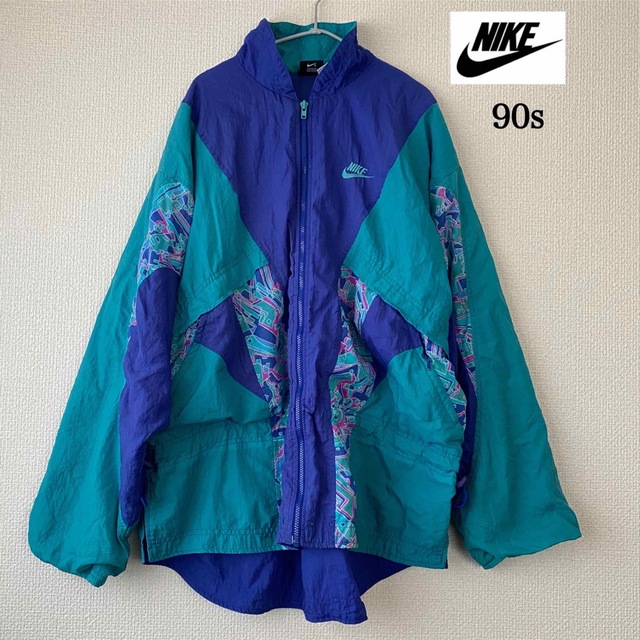NIKE 90s ナイロンジャケット 柄 青 ロゴ刺繍 ブルー ネイビー | フリマアプリ ラクマ