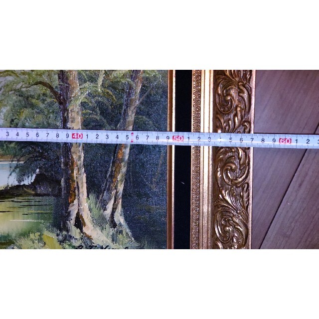 ヴィンテージ 美しい 絵画 アート 白樺 森 川 泉 油絵 ゴールド 額縁 5