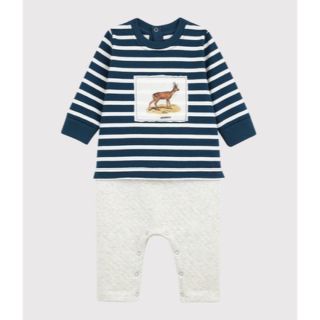 プチバトー(PETIT BATEAU)のチュビック　プチバトー　ロンパース　ボーダー　アニマル　鹿　キルティング(ロンパース)