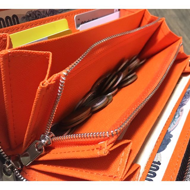 長財布 メンズ レディース 黒 橙 カーボンレザー 小銭入れ カードケース メンズのファッション小物(長財布)の商品写真