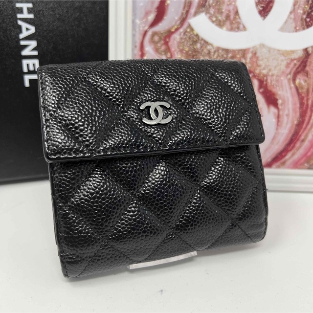 CHANEL シャネル Wホック キャビアスキン 二つ折り コンパクト財布-