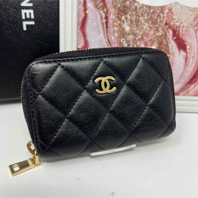 【良品】CHANEL　マトラッセ コインケース ラウンドジップ ラムスキン 黒