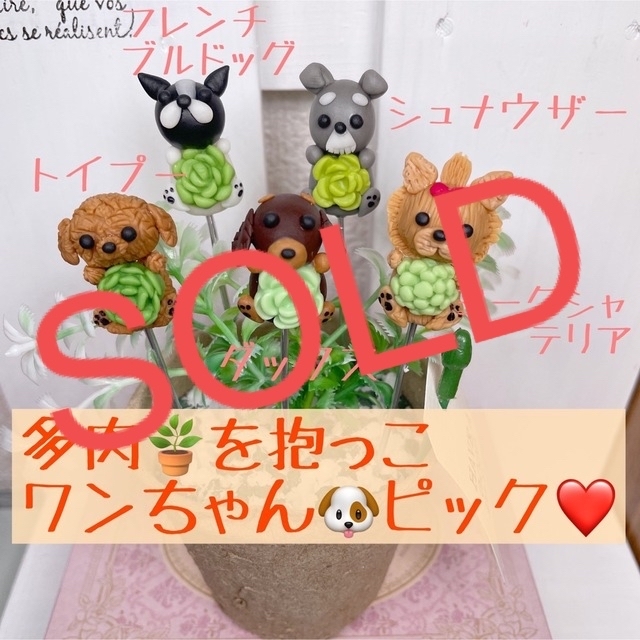 ガーデンピック　ハンドメイド　多肉を抱っこワンちゃんガーデンピック　多肉植物 ハンドメイドのフラワー/ガーデン(その他)の商品写真