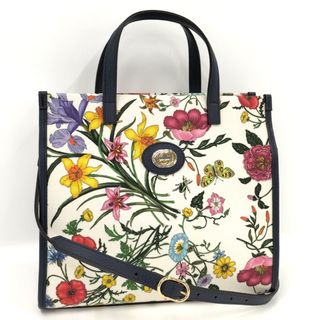 グッチ(Gucci)のGUCCI フローラ 2WAYハンドバッグ レザー キャンバス 花柄 ネイビー(その他)